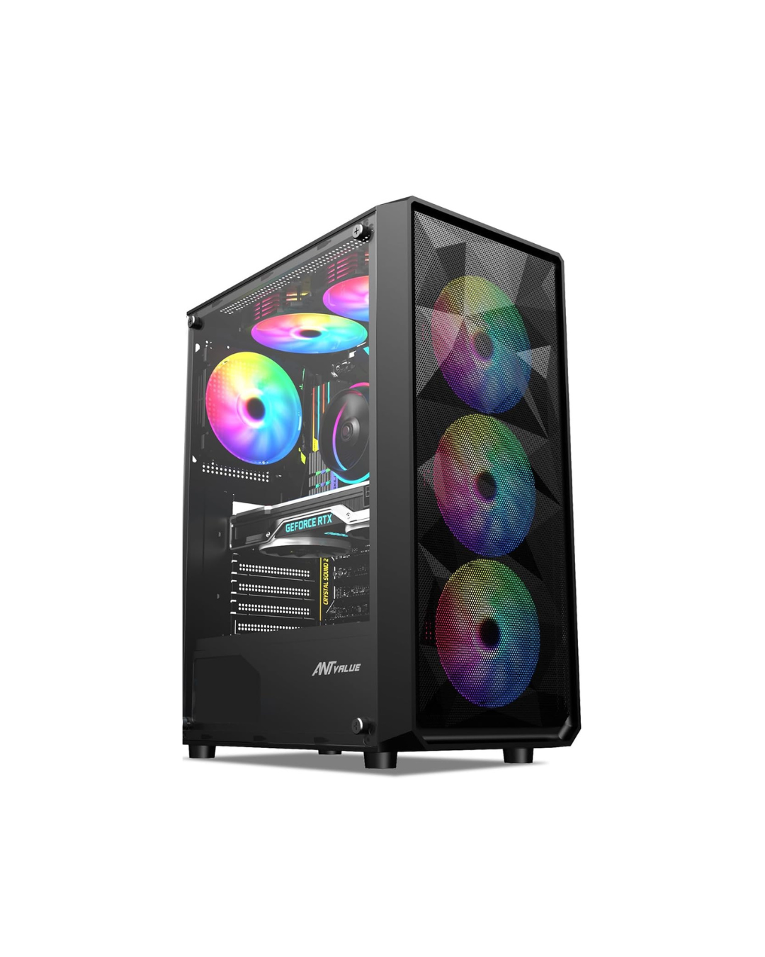 Ant Value VM41 Mid-Tower Gaming PC Case - Black (ATX) | Tempered Glass, Rainbow Fans