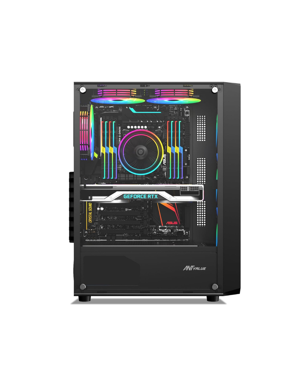Ant Value VM41 Mid-Tower Gaming PC Case - Black (ATX) | Tempered Glass, Rainbow Fans