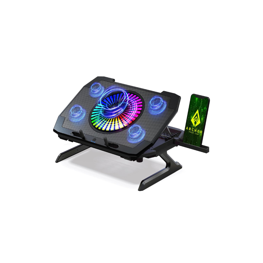 Archer Tech Lab, Squall 300 RGB Gaming Laptop Cooling Pad with Aluminium Metal Grid, 5 Turbo Fans, Dual USB Ports