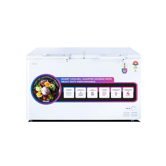 Haier HFC Series Hard-Top Commercial Deep Freezers | 320L – 588L | Static / Direct Cool | 5★ Energy Rating | White Finish | Recess Handle | Lockable Lid | Basket Storage | Eco-Friendly R290 Refrigerant