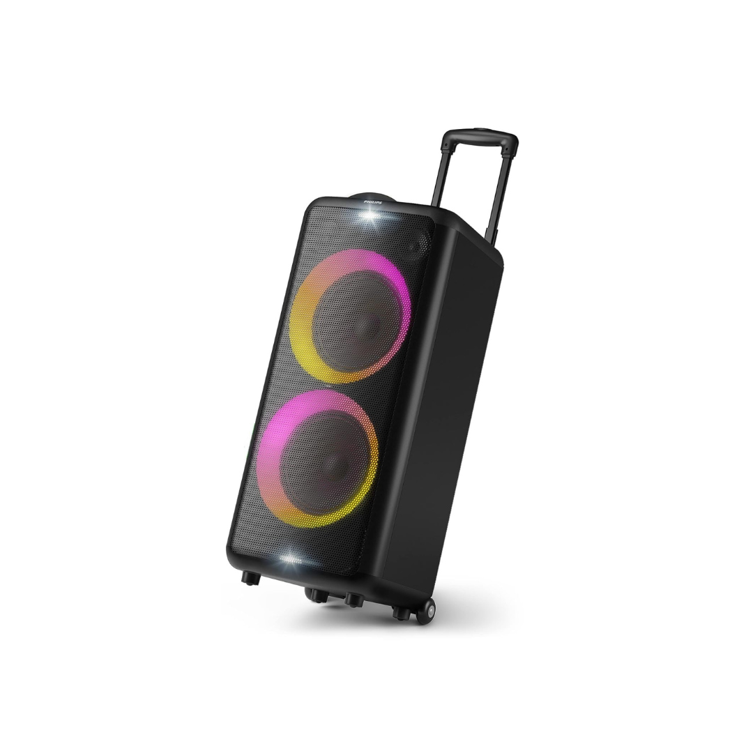 PHILIPS Party Speaker TAX5206, 160W Output, 14 hrs Playtime, 2X 8 Woofer & 2 x 2.5 Tweeter, Guitar & Mic Input, Party Lights, Trolley with Wheels (Black)