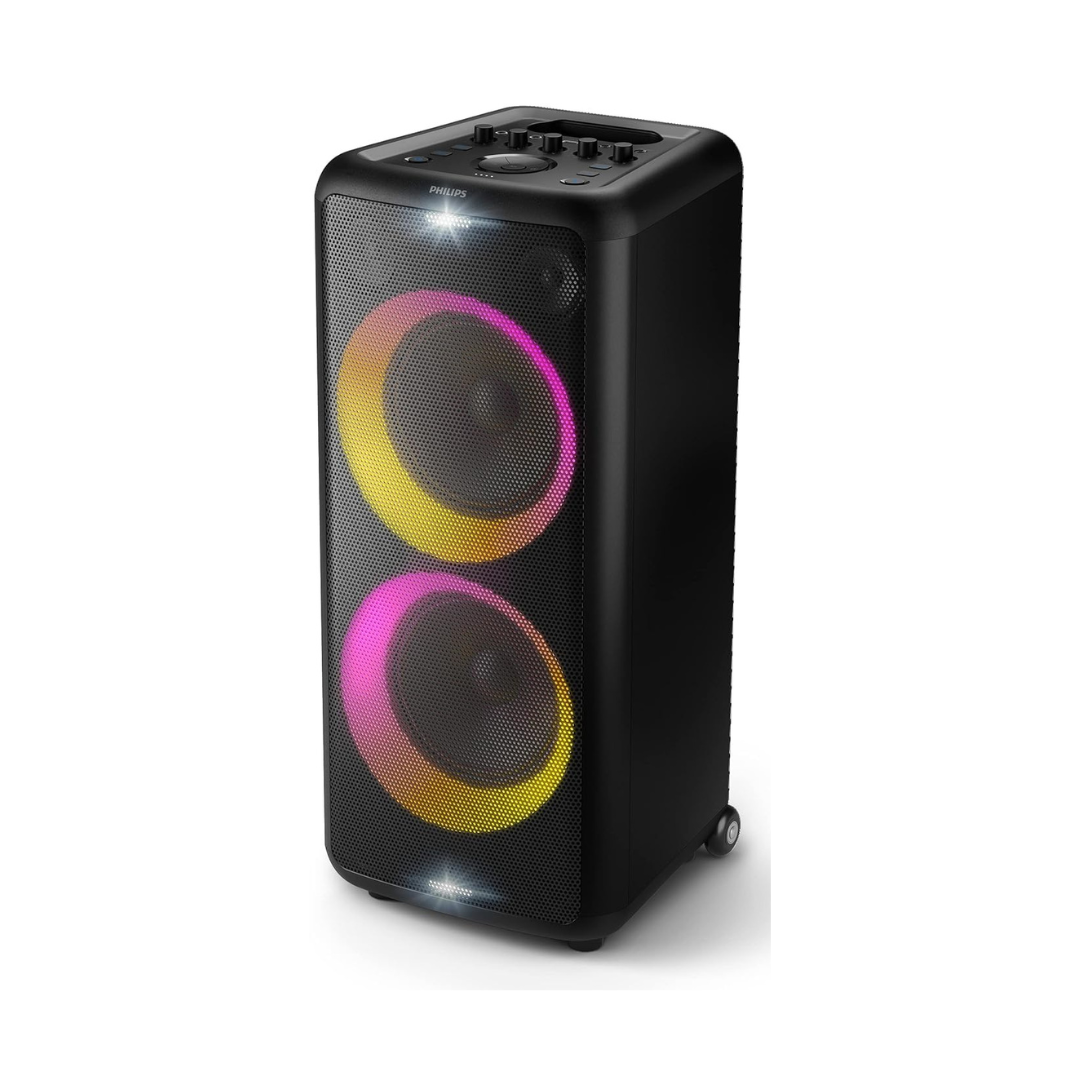 PHILIPS Party Speaker TAX5206, 160W Output, 14 hrs Playtime, 2X 8 Woofer & 2 x 2.5 Tweeter, Guitar & Mic Input, Party Lights, Trolley with Wheels (Black)