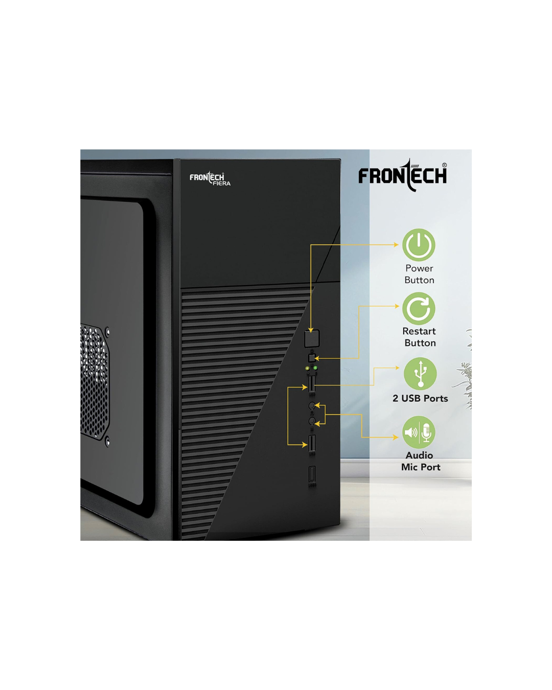 FRONTECH Fiera Silver ATX PC Cabinet - Black | 2x USB 2.0 | FT-4280