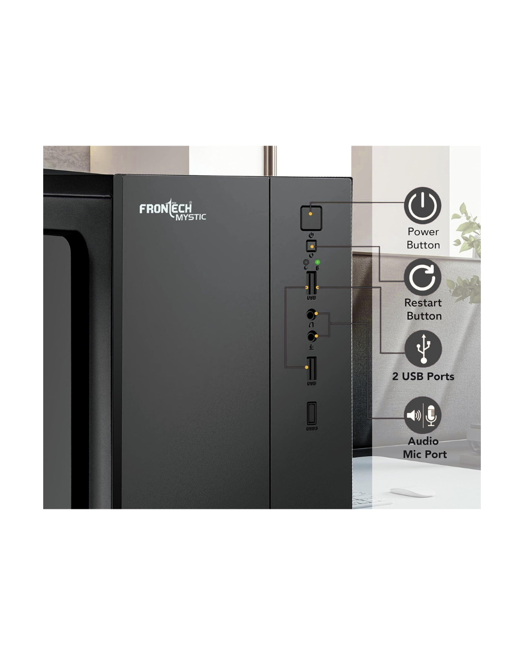 FRONTECH Mystic Silver ATX PC Cabinet - Black | HD Audio, 2x USB 2.0 | FT-4279