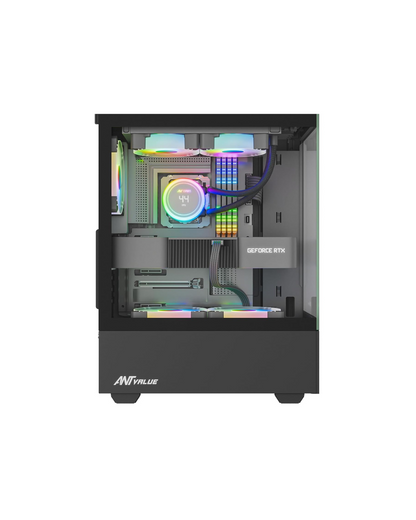 Ant Value CV100 Mid-Tower PC Gaming Case - Black (ATX) | Tempered Glass, Rainbow Fans