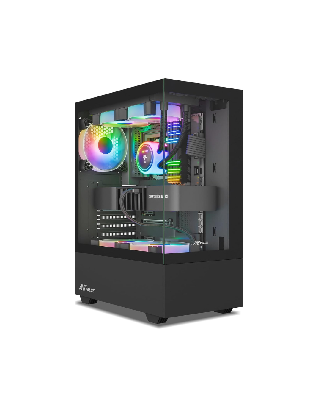 Ant Value CV100 Mid-Tower PC Gaming Case - Black (ATX) | Tempered Glass, Rainbow Fans