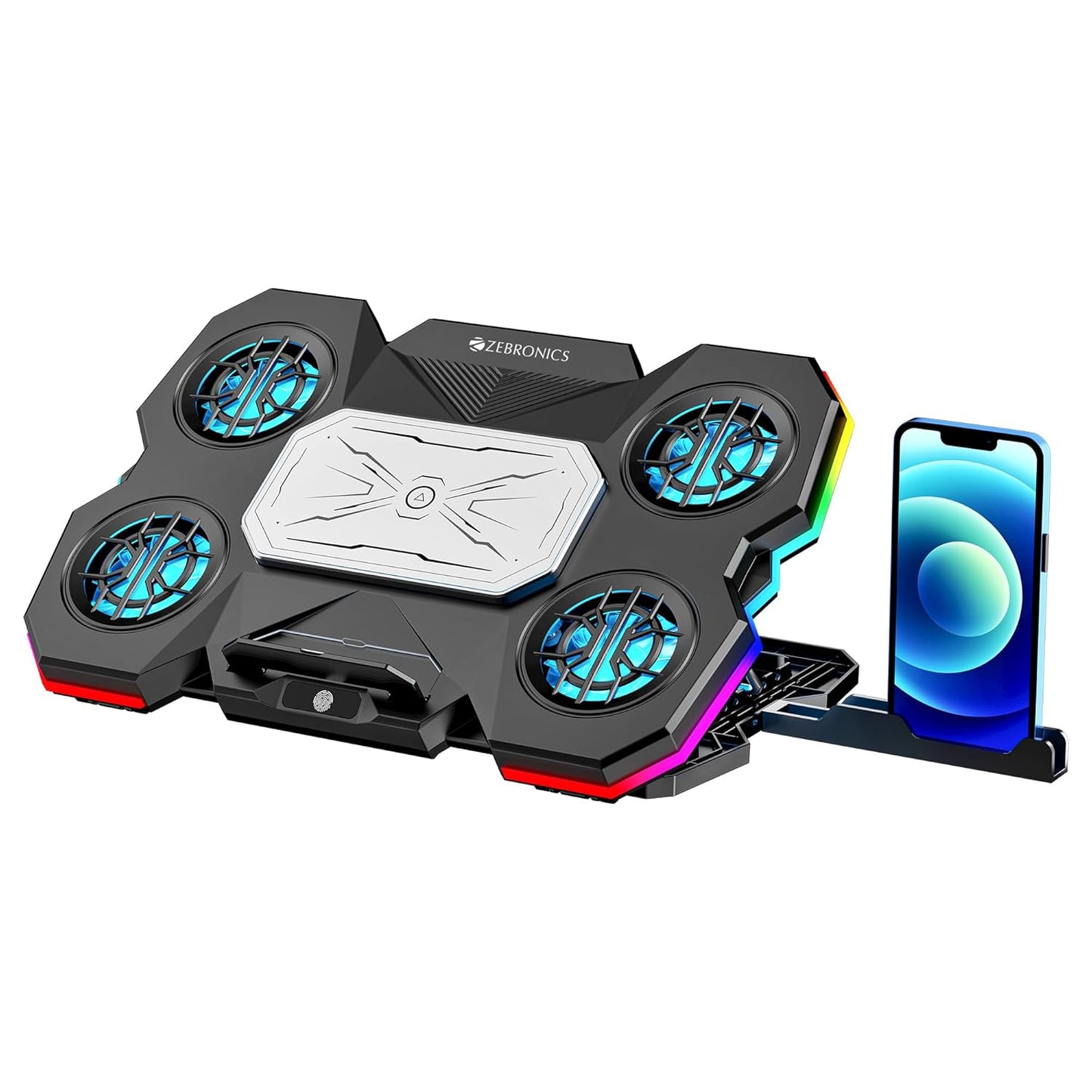ZEBRONICS NTC2000, Laptop Cooling Pad, 5 Fans + Electro Thermal Cooler, Upto 17 inch Laptop, Dual USB Port, Detachable Mobile Holder, Anti-Slip Silicone Pads, Fan Speed Controller, 10 RGB LED Modes
