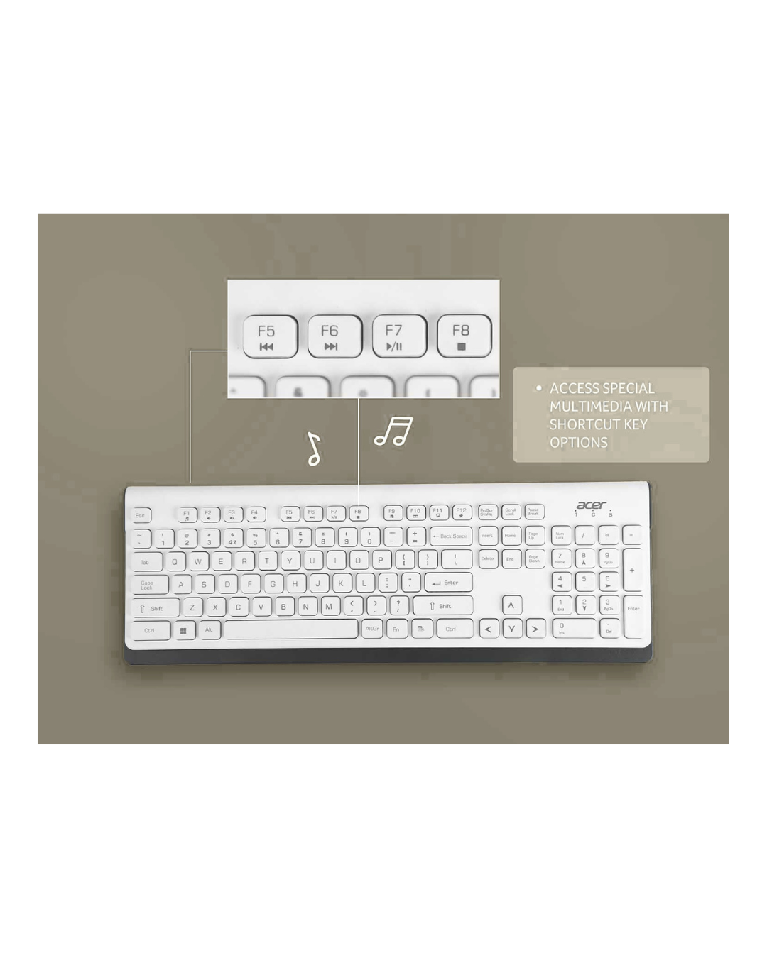 Acer Wireless Keyboard & Mouse Combo with 2.4GHz Nano Receiver, 1600 DPI, White/Grey